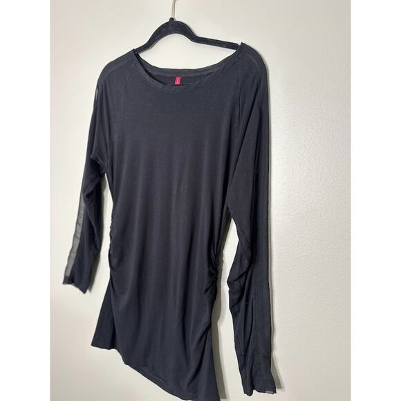 Ruby Ribbon Top Large Black Viscose Stretch Jersey Long Sleeve Ruched Mesh Basic - Picture 2 of 10
